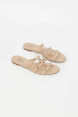Beige Leather & Rockstud Caged Sandal