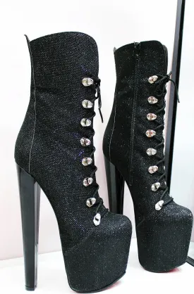 Black Shimmer Glitter Military Style Combat Boots
