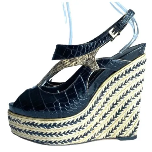 CHRISTIAN DIOR Black Beige Python Wedge Espadrille Sandals, Size 40