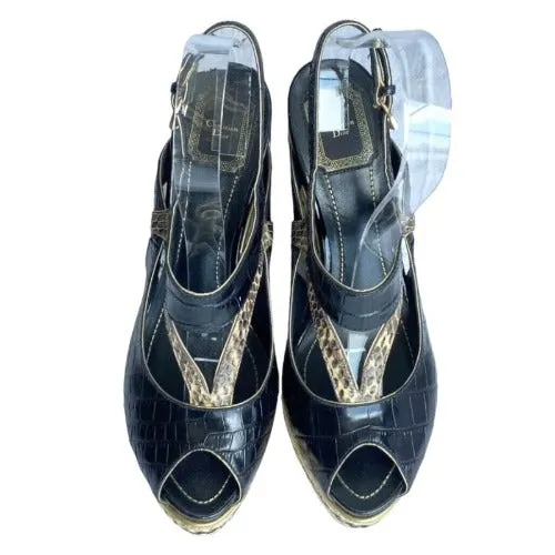 CHRISTIAN DIOR Black Beige Python Wedge Espadrille Sandals, Size 40