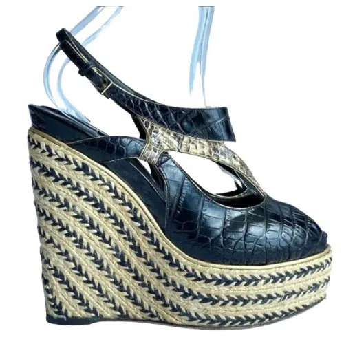 CHRISTIAN DIOR Black Beige Python Wedge Espadrille Sandals, Size 40