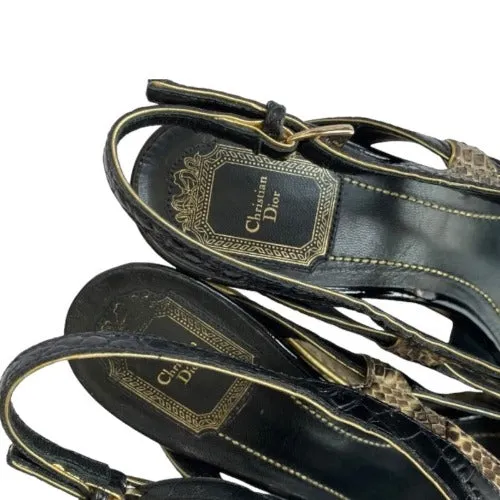 CHRISTIAN DIOR Black Beige Python Wedge Espadrille Sandals, Size 40