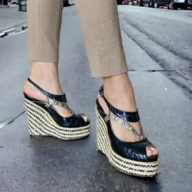CHRISTIAN DIOR Black Beige Python Wedge Espadrille Sandals, Size 40