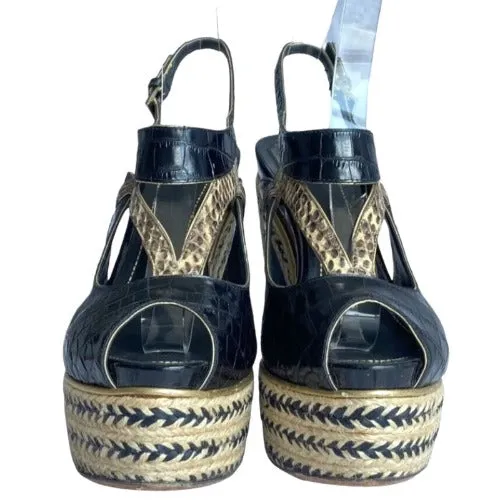 CHRISTIAN DIOR Black Beige Python Wedge Espadrille Sandals, Size 40