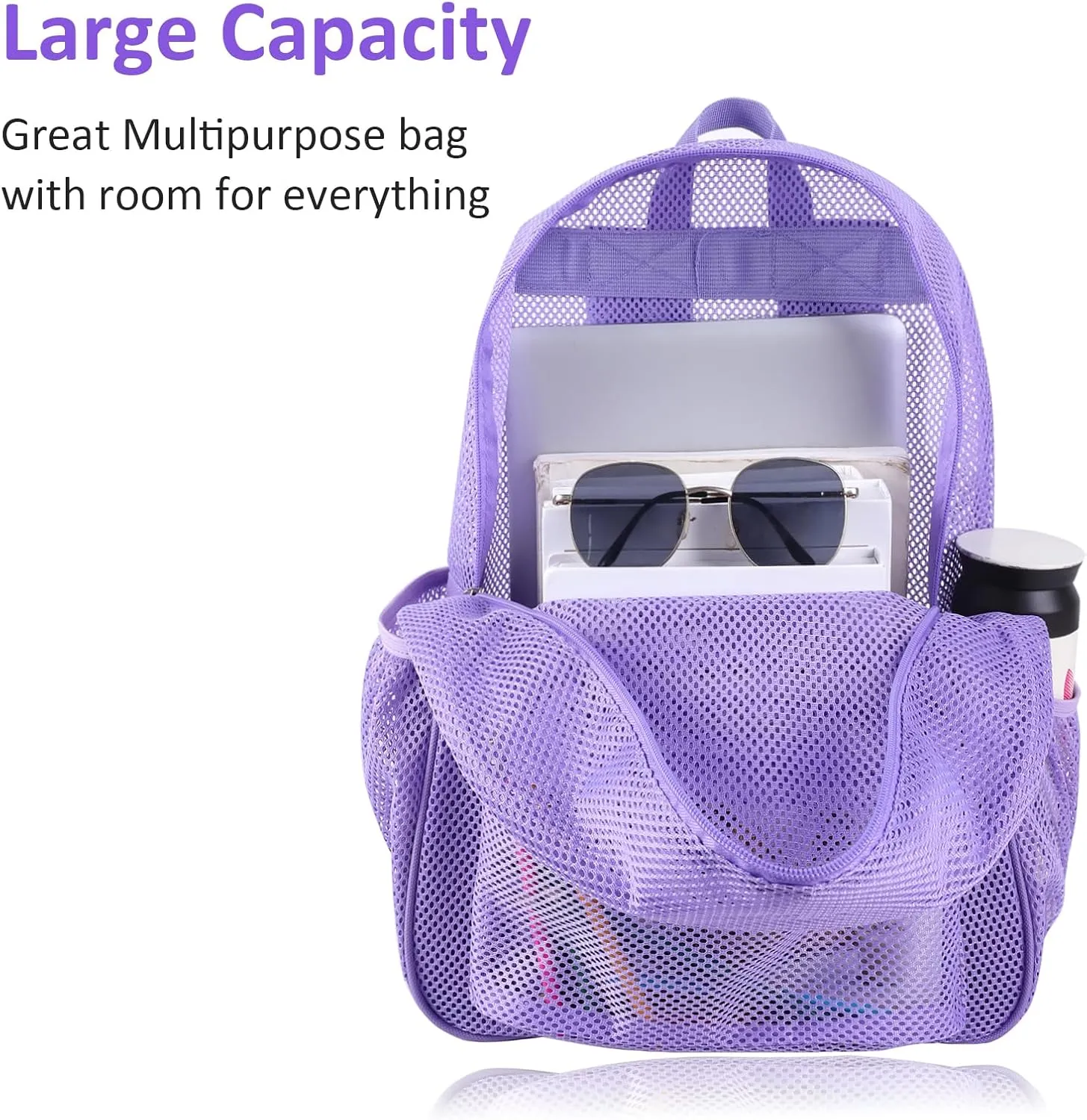 COVAX Heavy Duty Mesh Backpack, See Through College Backpack with Padded Shoulder Straps for Commuting, Swimming, Travel, Beach, Outdoor Sports (Purple)