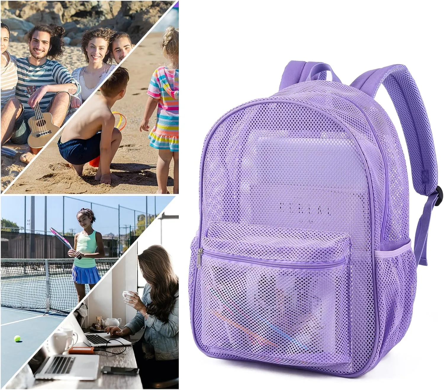 COVAX Heavy Duty Mesh Backpack, See Through College Backpack with Padded Shoulder Straps for Commuting, Swimming, Travel, Beach, Outdoor Sports (Purple)