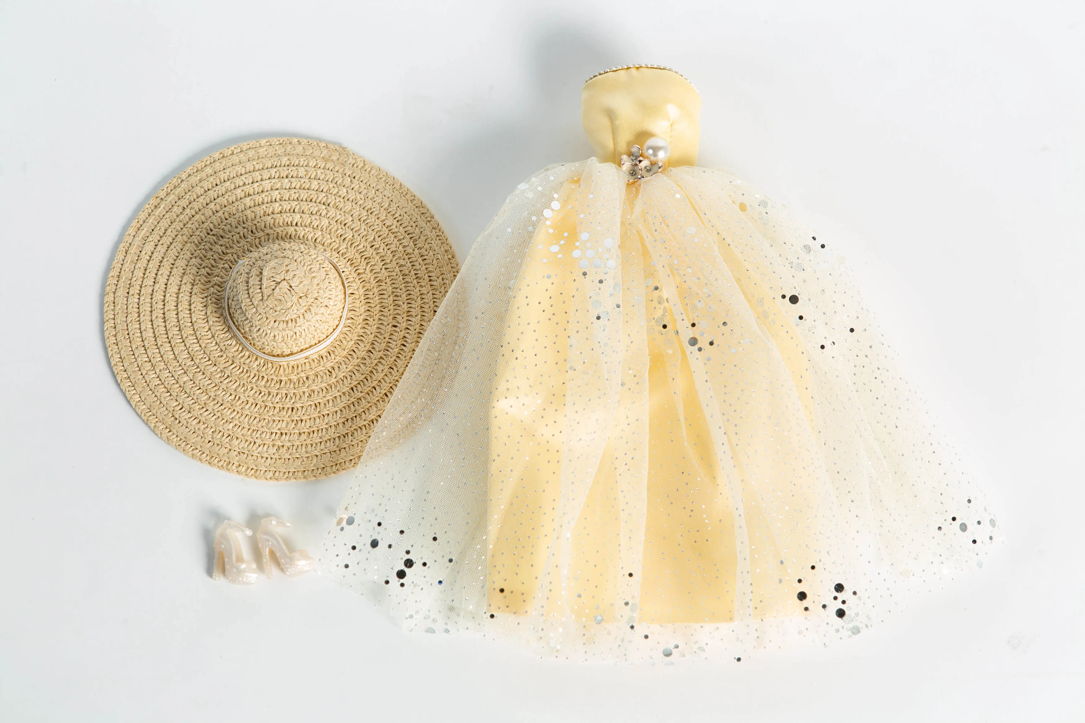DOLLY® DOLL BARBIE CLOTHES SET DIOR WITH CREAM DRESS   STRAW HAT   HEELS FOR 12 inch 30 cm 1/6 scale fashion dolls