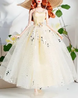 DOLLY® DOLL BARBIE CLOTHES SET DIOR WITH CREAM DRESS   STRAW HAT   HEELS FOR 12 inch 30 cm 1/6 scale fashion dolls