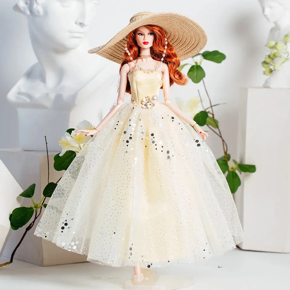 DOLLY® DOLL BARBIE CLOTHES SET DIOR WITH CREAM DRESS   STRAW HAT   HEELS FOR 12 inch 30 cm 1/6 scale fashion dolls