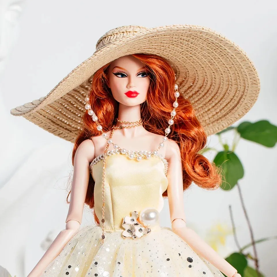 DOLLY® DOLL BARBIE CLOTHES SET DIOR WITH CREAM DRESS   STRAW HAT   HEELS FOR 12 inch 30 cm 1/6 scale fashion dolls