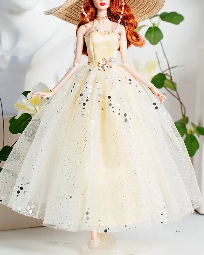 DOLLY® DOLL BARBIE CLOTHES SET DIOR WITH CREAM DRESS   STRAW HAT   HEELS FOR 12 inch 30 cm 1/6 scale fashion dolls