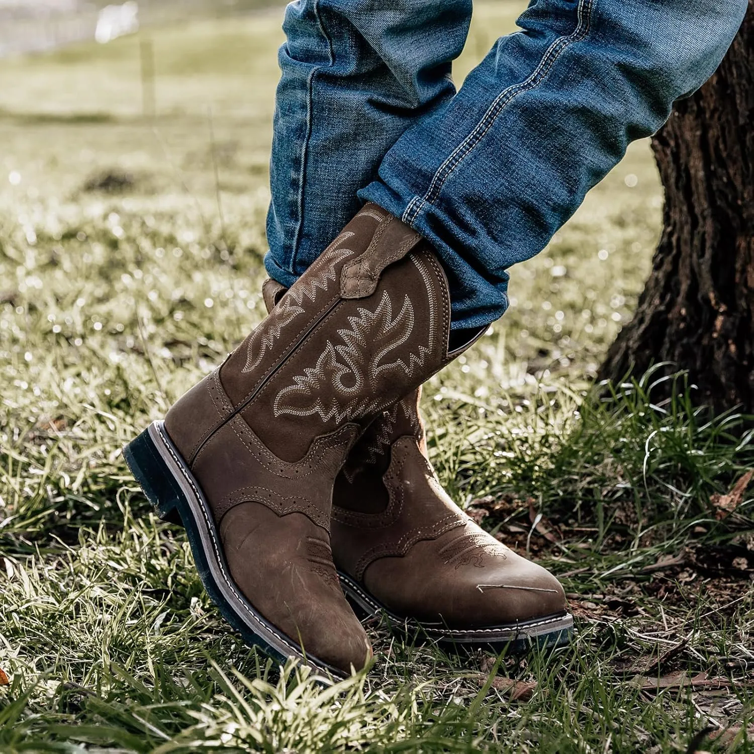 HISEA NINGO Men's Western Cowboy Boots Waterproof Square Toe Steel/Soft Toe Work Boots Comfortable Men's Slip On Pull On Safety Toe Leather Work Shoes for Construction Farming Industrial Welding