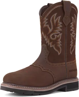 HISEA NINGO Men's Western Cowboy Boots Waterproof Square Toe Steel/Soft Toe Work Boots Comfortable Men's Slip On Pull On Safety Toe Leather Work Shoes for Construction Farming Industrial Welding