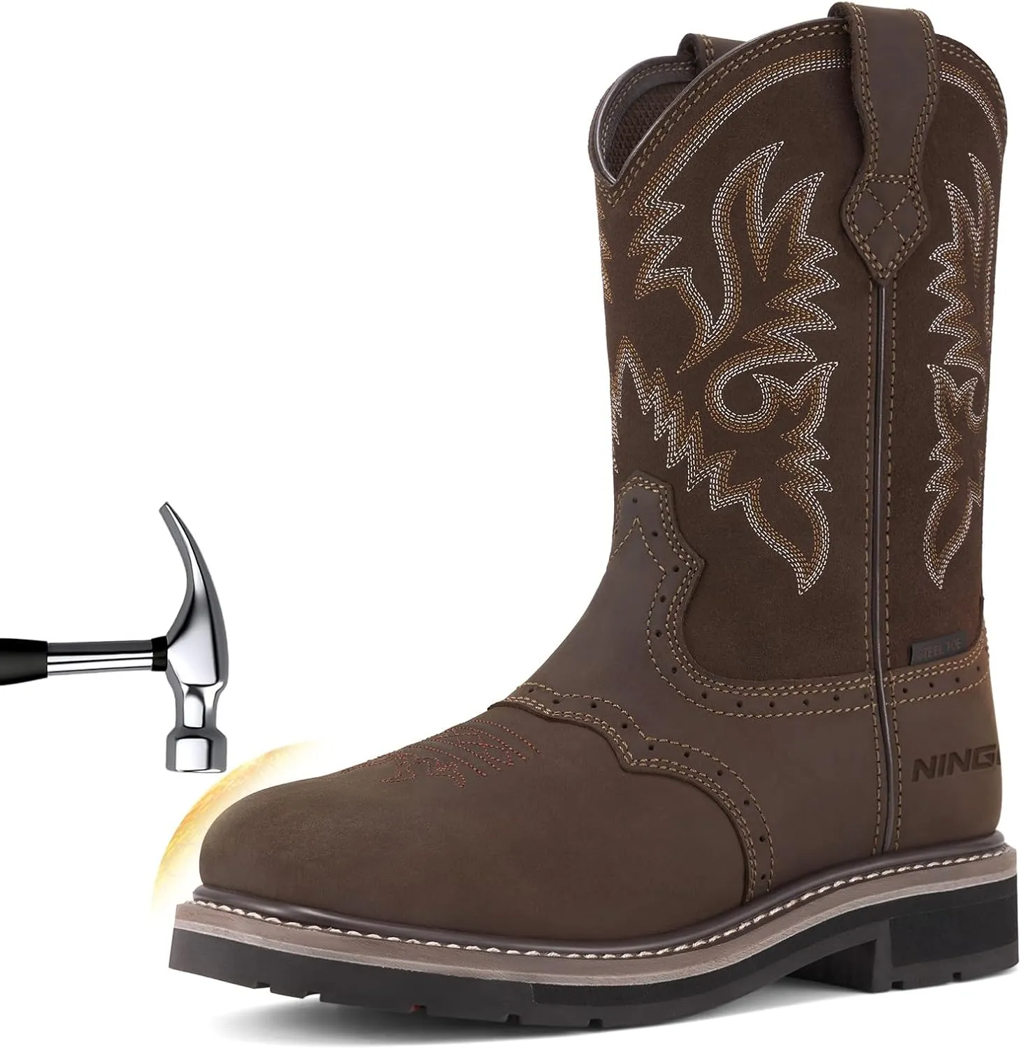 HISEA NINGO Men's Western Cowboy Boots Waterproof Square Toe Steel/Soft Toe Work Boots Comfortable Men's Slip On Pull On Safety Toe Leather Work Shoes for Construction Farming Industrial Welding