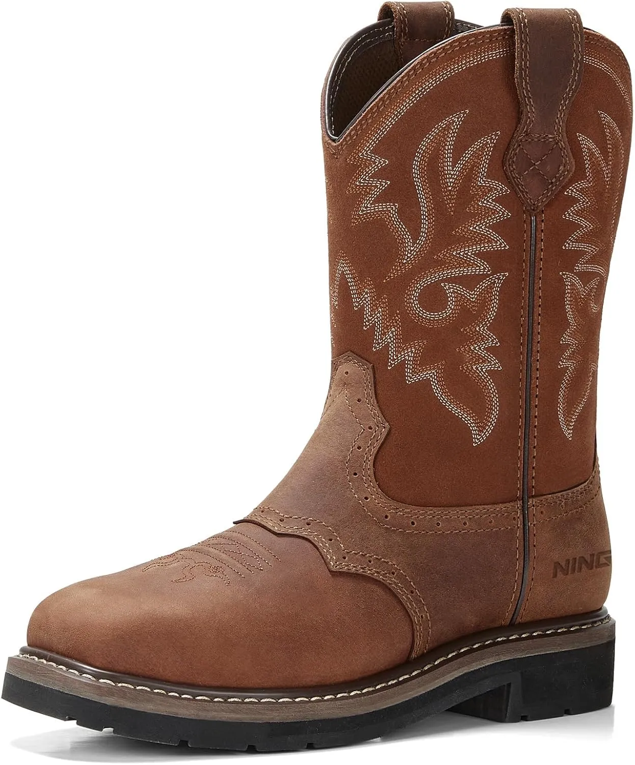 HISEA NINGO Men's Western Cowboy Boots Waterproof Square Toe Steel/Soft Toe Work Boots Comfortable Men's Slip On Pull On Safety Toe Leather Work Shoes for Construction Farming Industrial Welding