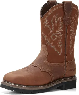 HISEA NINGO Men's Western Cowboy Boots Waterproof Square Toe Steel/Soft Toe Work Boots Comfortable Men's Slip On Pull On Safety Toe Leather Work Shoes for Construction Farming Industrial Welding