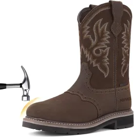HISEA NINGO Men's Western Cowboy Boots Waterproof Square Toe Steel/Soft Toe Work Boots Comfortable Men's Slip On Pull On Safety Toe Leather Work Shoes for Construction Farming Industrial Welding