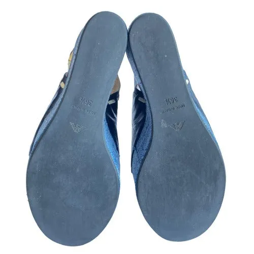 NEW EMPORIO ARMANI Navy Leather Crisscross Strappy, Blue Wicker Wedges, 36.5