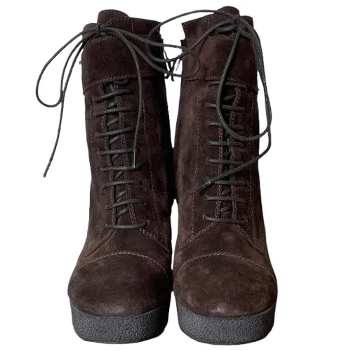 NEW YVES SAINT LAURENT Brown Suede Lace Up Ankle Platform Boots, Size 36.5