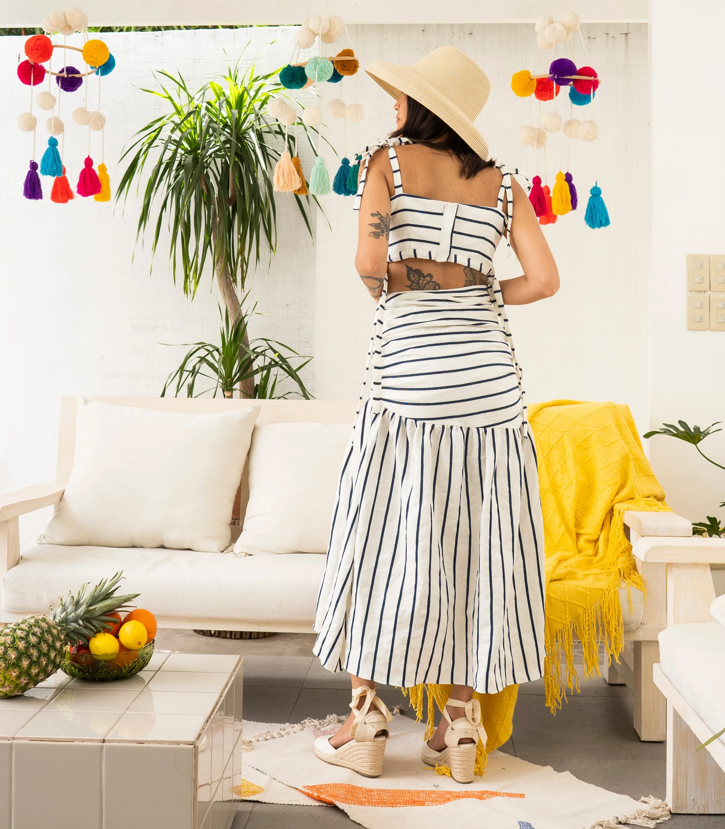 Pretoria Ribbon Tie Top and Ruched Skirt Set (Stripes)