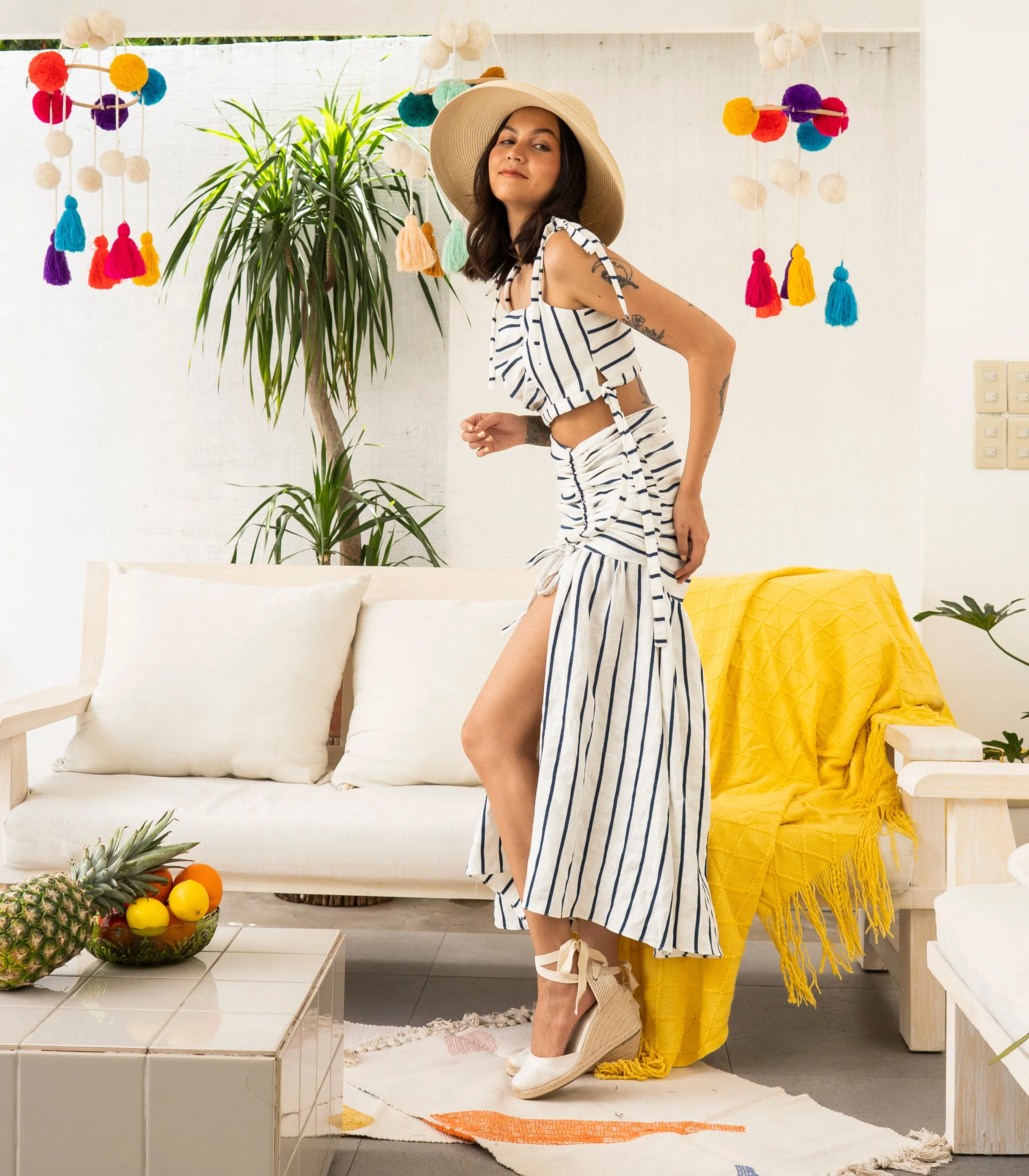 Pretoria Ribbon Tie Top and Ruched Skirt Set (Stripes)
