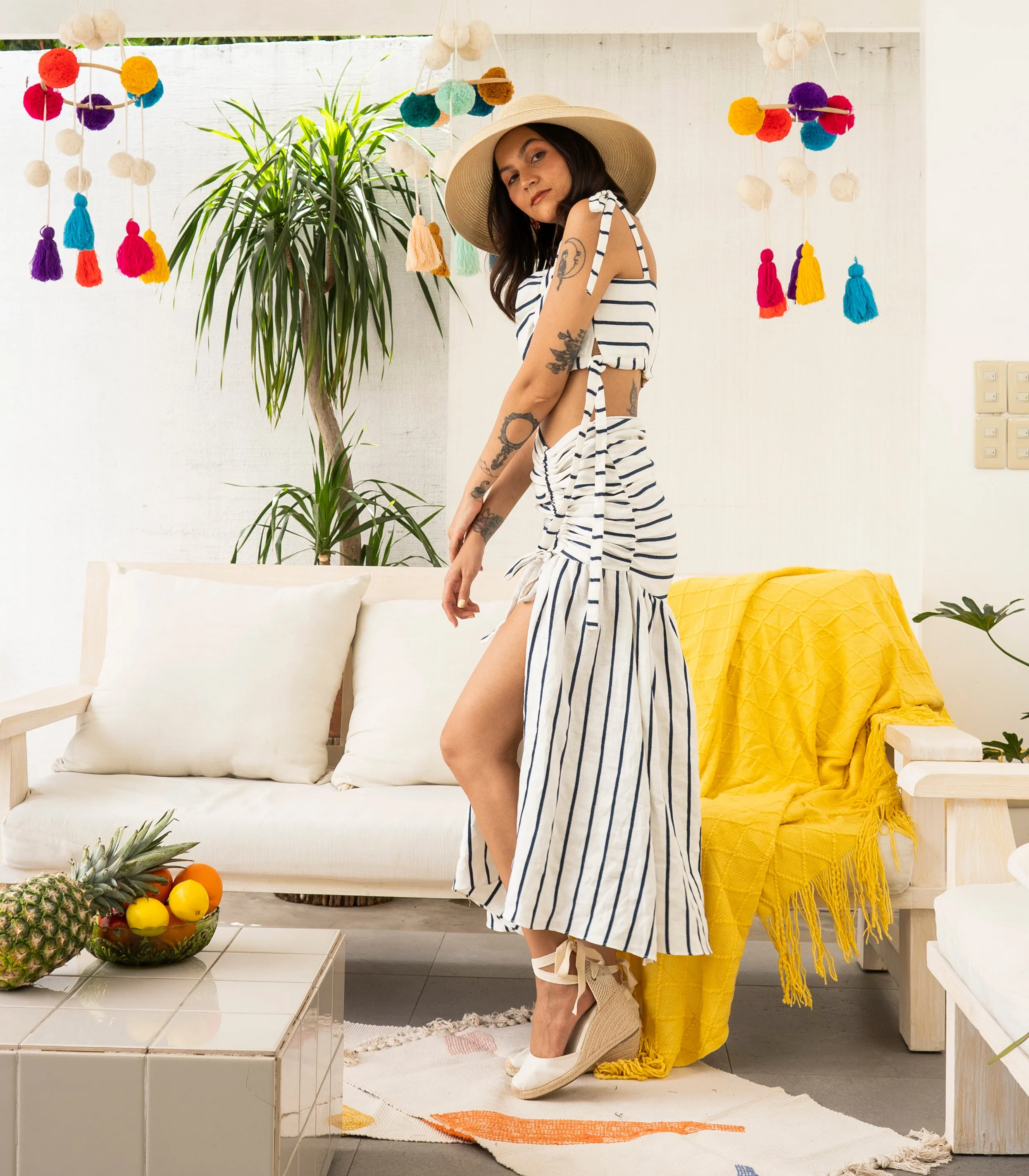 Pretoria Ribbon Tie Top and Ruched Skirt Set (Stripes)