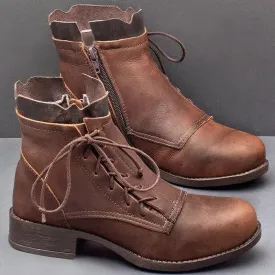 Retro lace-up ankle boots with zippers women's block heel round toe boots all season daily boots