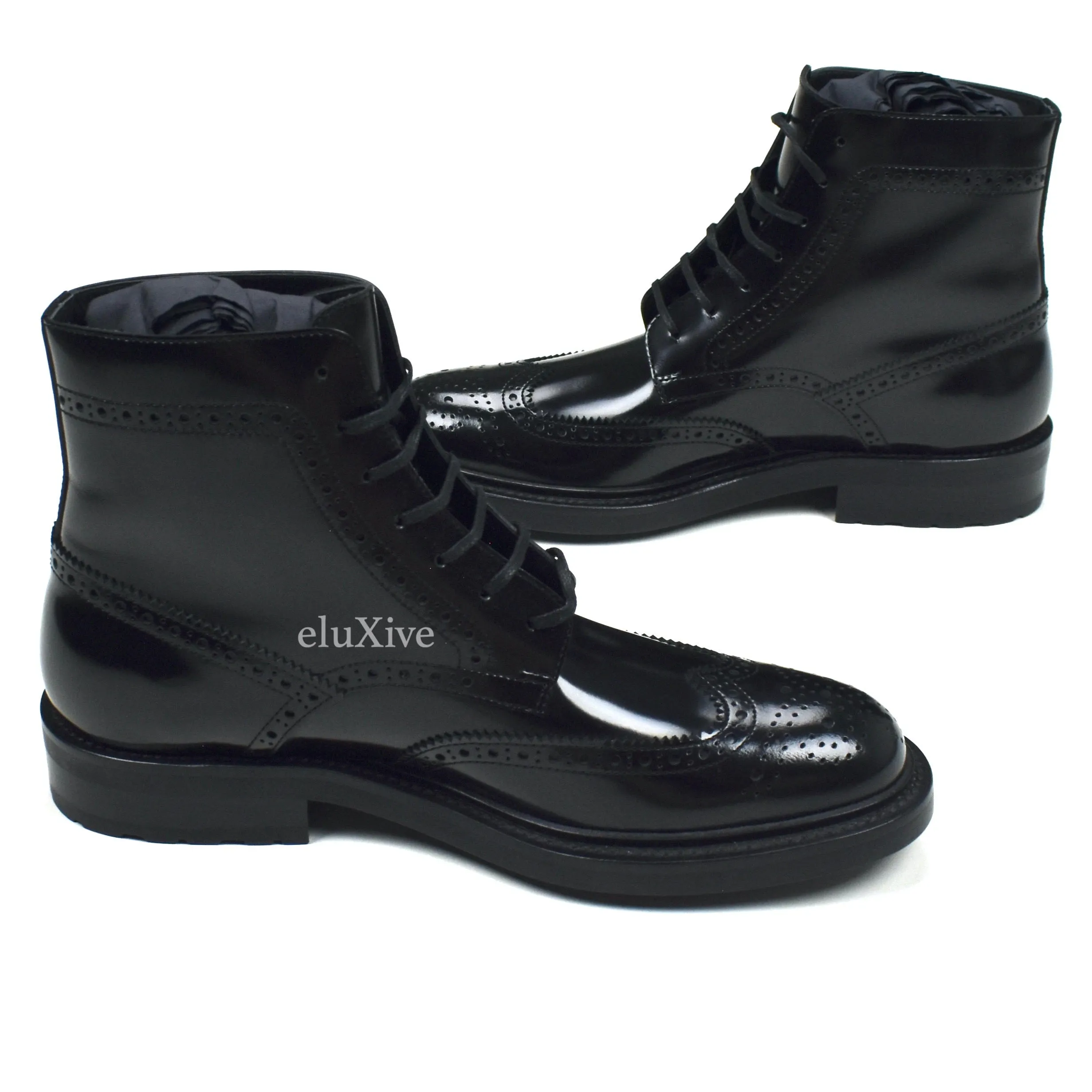 Saint Laurent - Black Patent Leather Brogue Army Boots