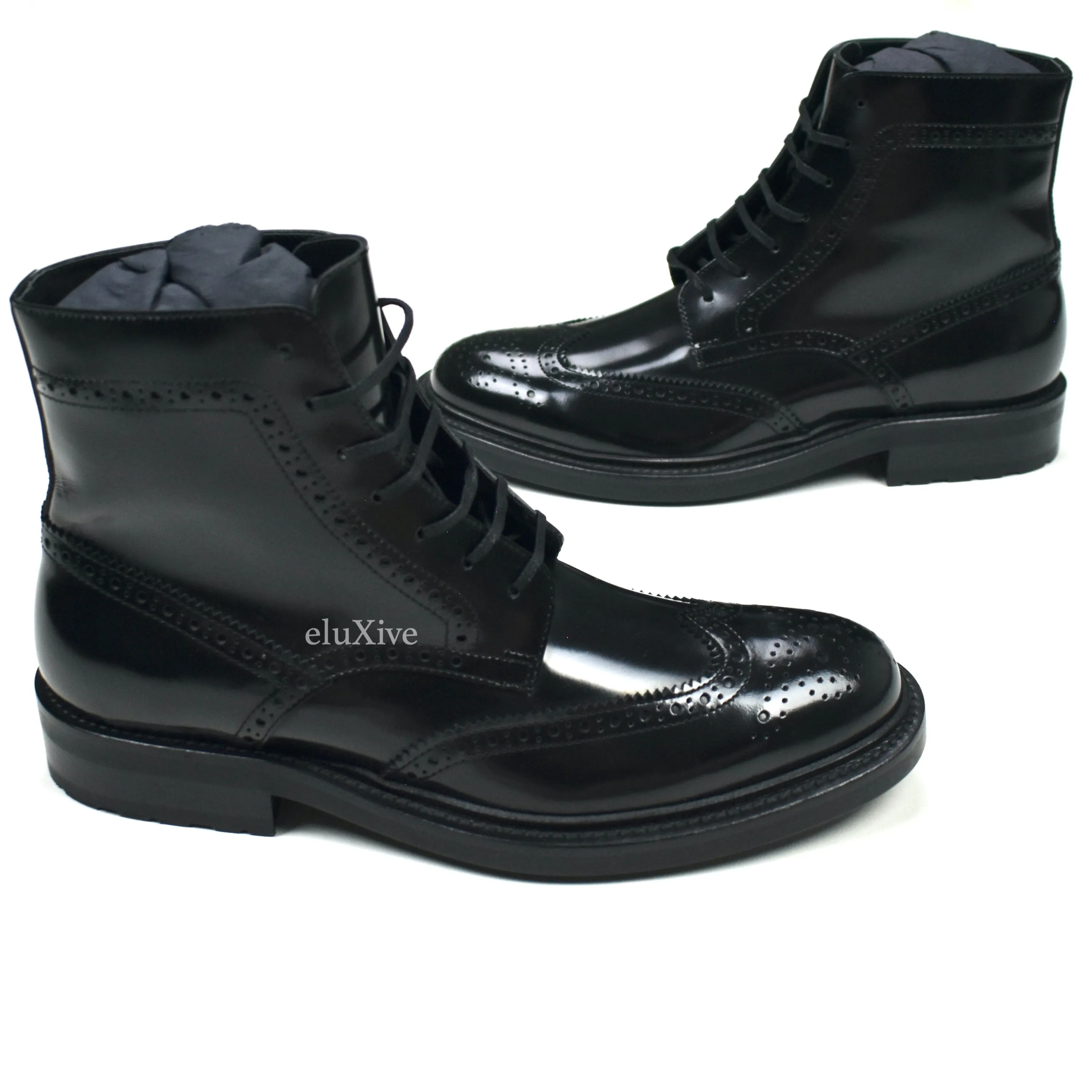 Saint Laurent - Black Patent Leather Brogue Army Boots