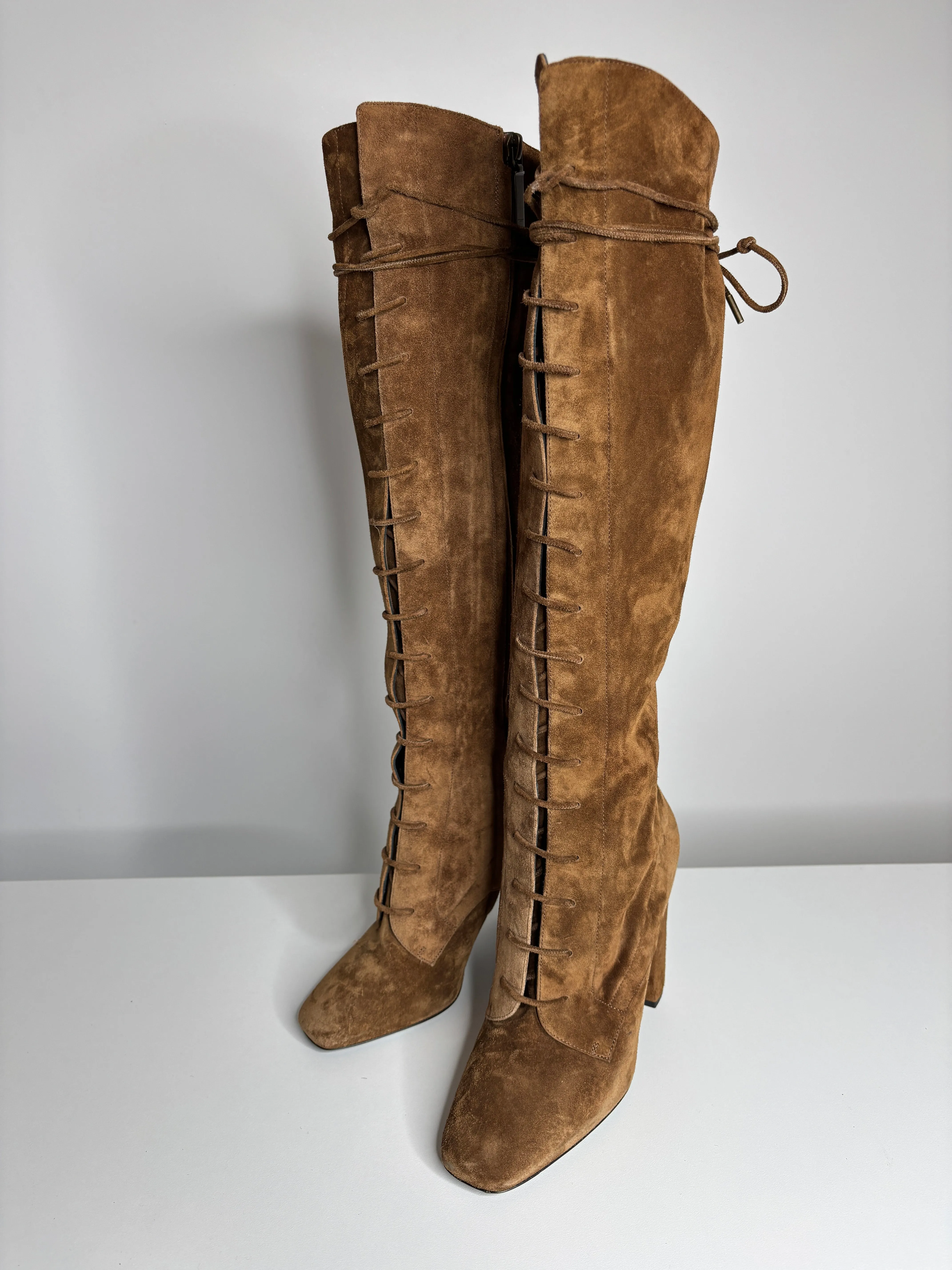 Saint Laurent Tan Suede Lace-Up Knee Boots 37 UK4