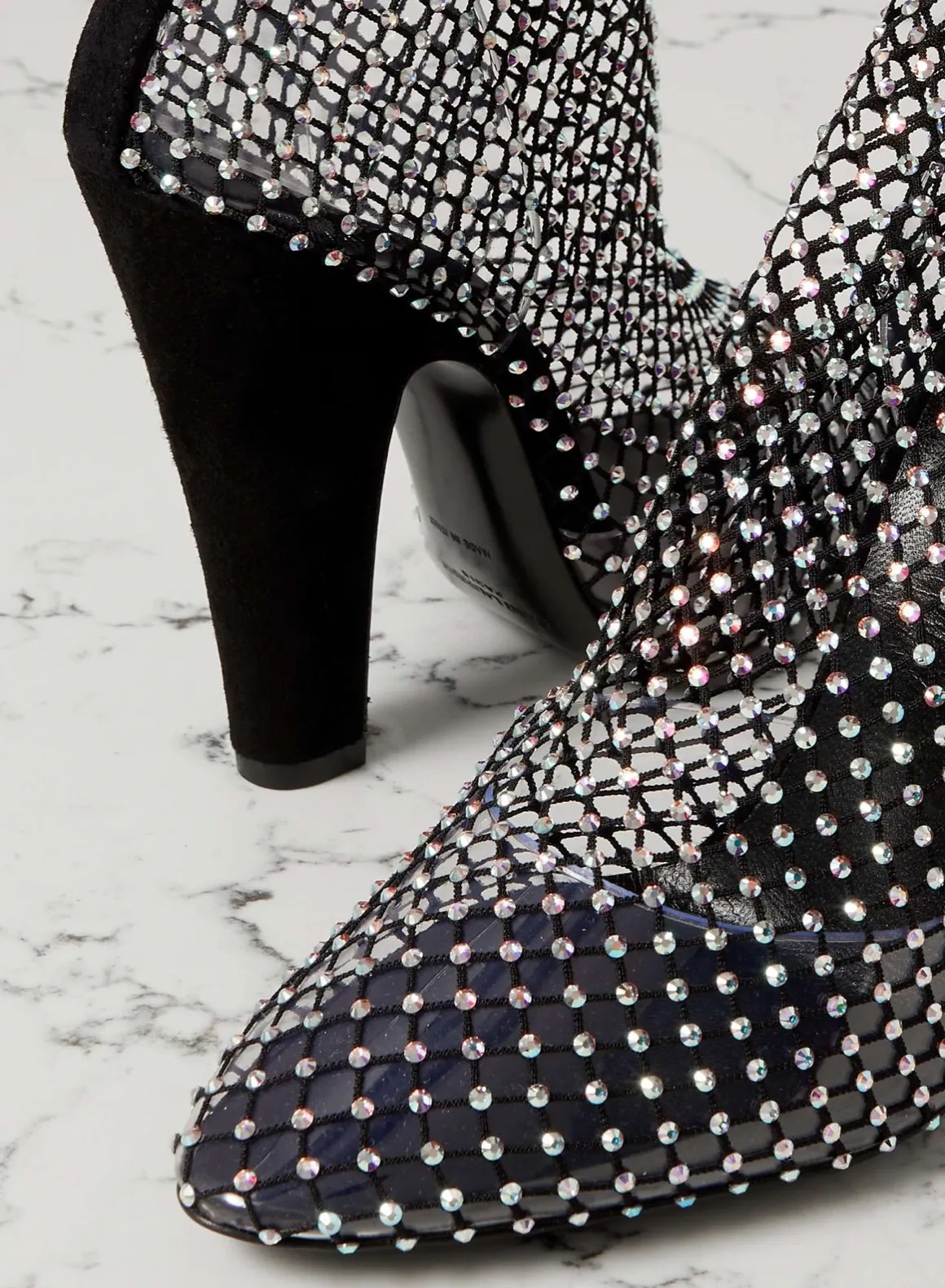 SUEDE-TRIMMED CRYSTAL-EMBELLISHED FISHNET KNEE BOOTS