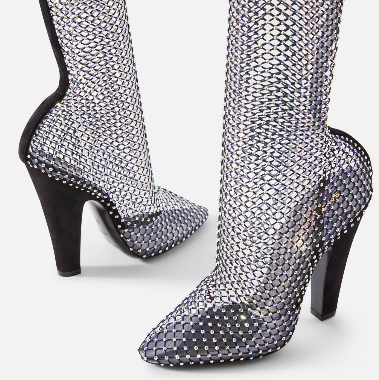 SUEDE-TRIMMED CRYSTAL-EMBELLISHED FISHNET KNEE BOOTS