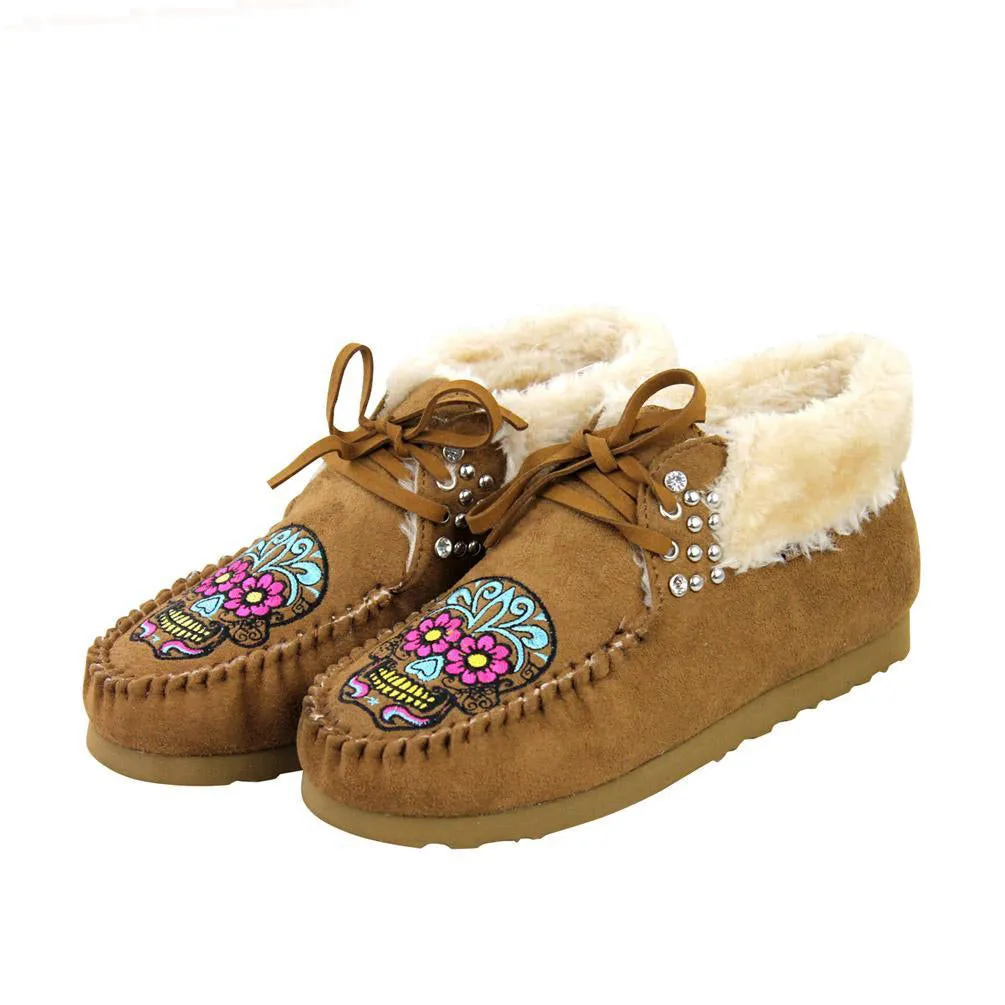 Sugar Skull Faux Suede Bootie Moccasins