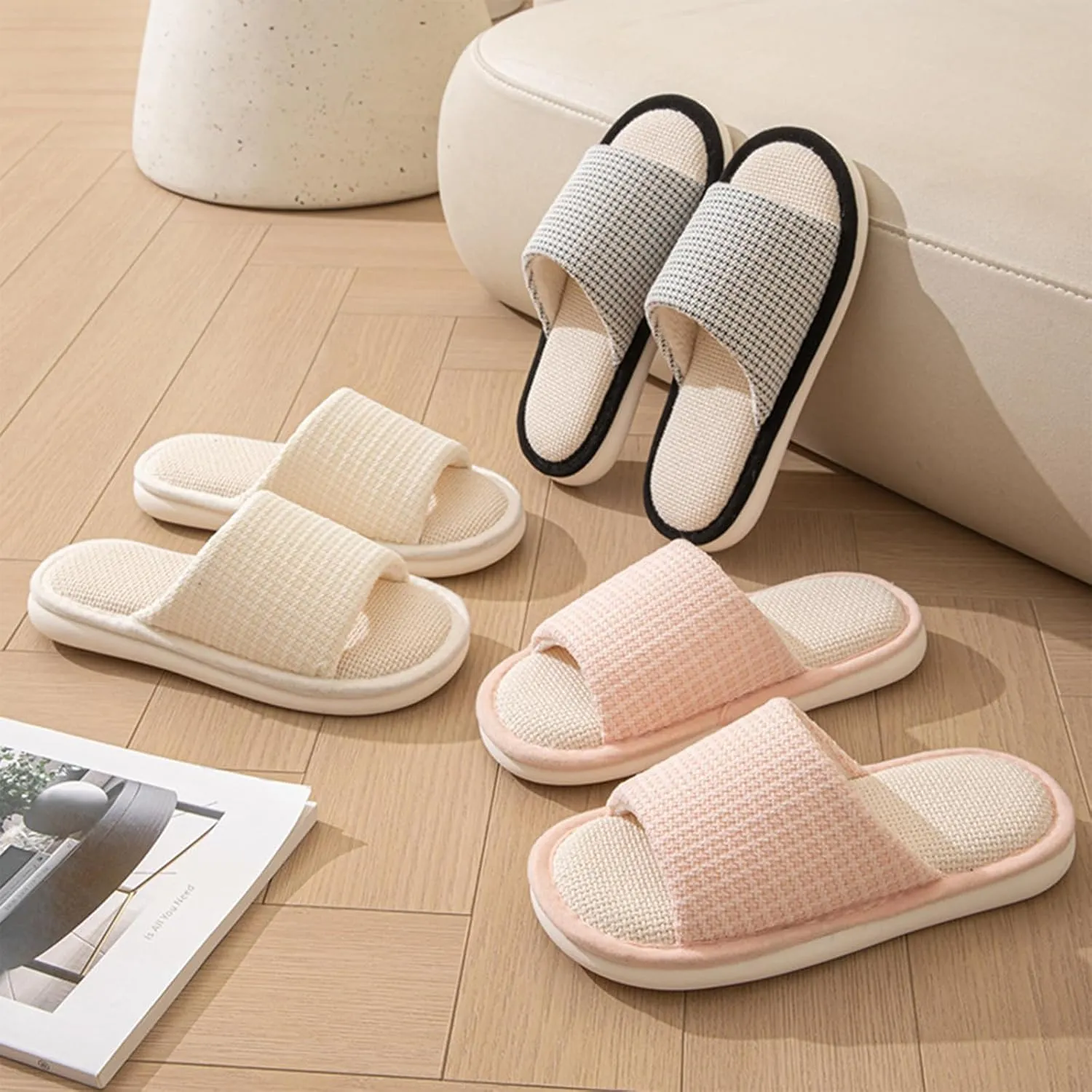 Women's Linen Slippers Cloth Slippers Soft Thick Soled Slippers Open Toe Slip On Bedroom Shoes With Memory Foam
