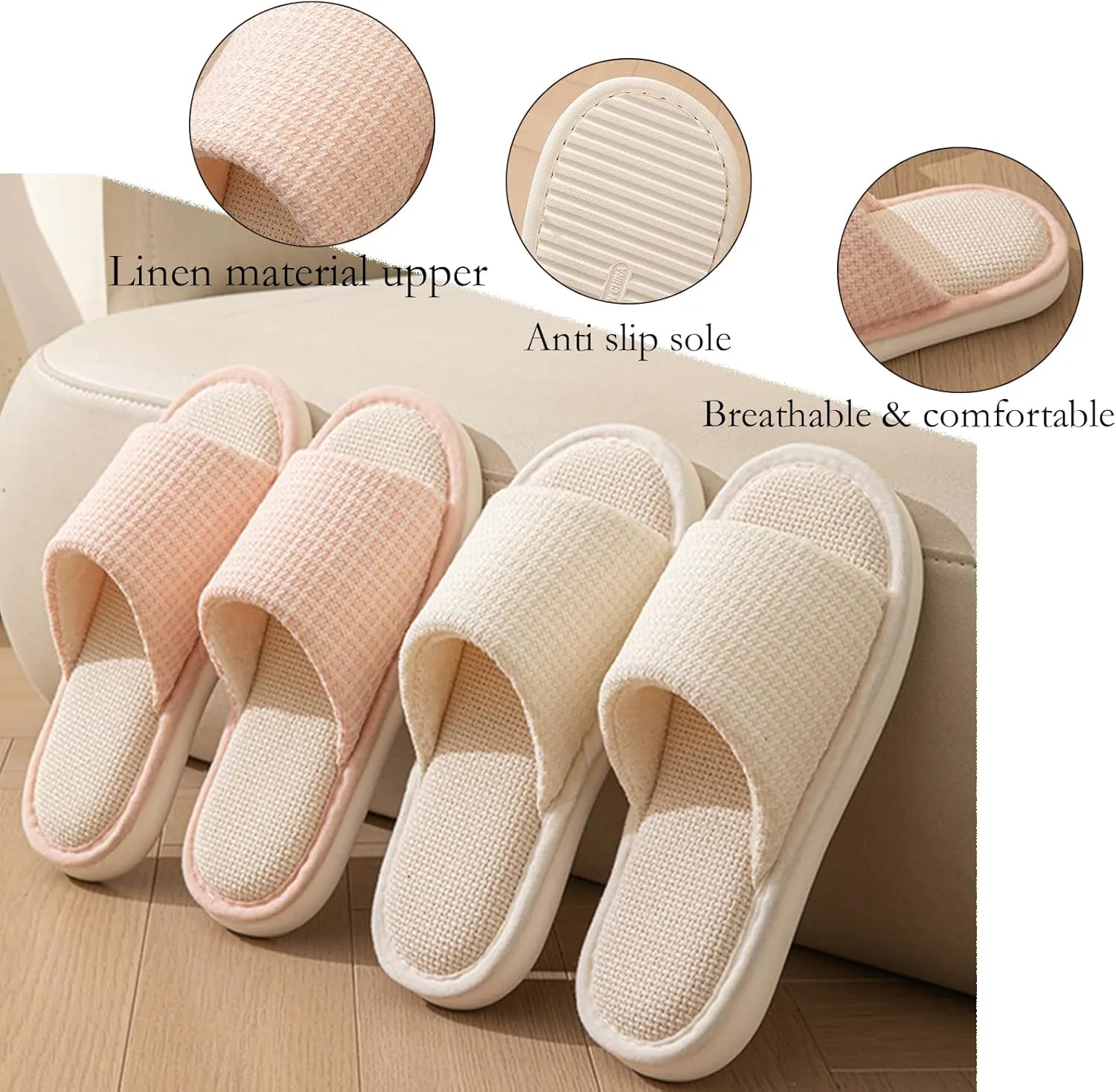 Women's Linen Slippers Cloth Slippers Soft Thick Soled Slippers Open Toe Slip On Bedroom Shoes With Memory Foam