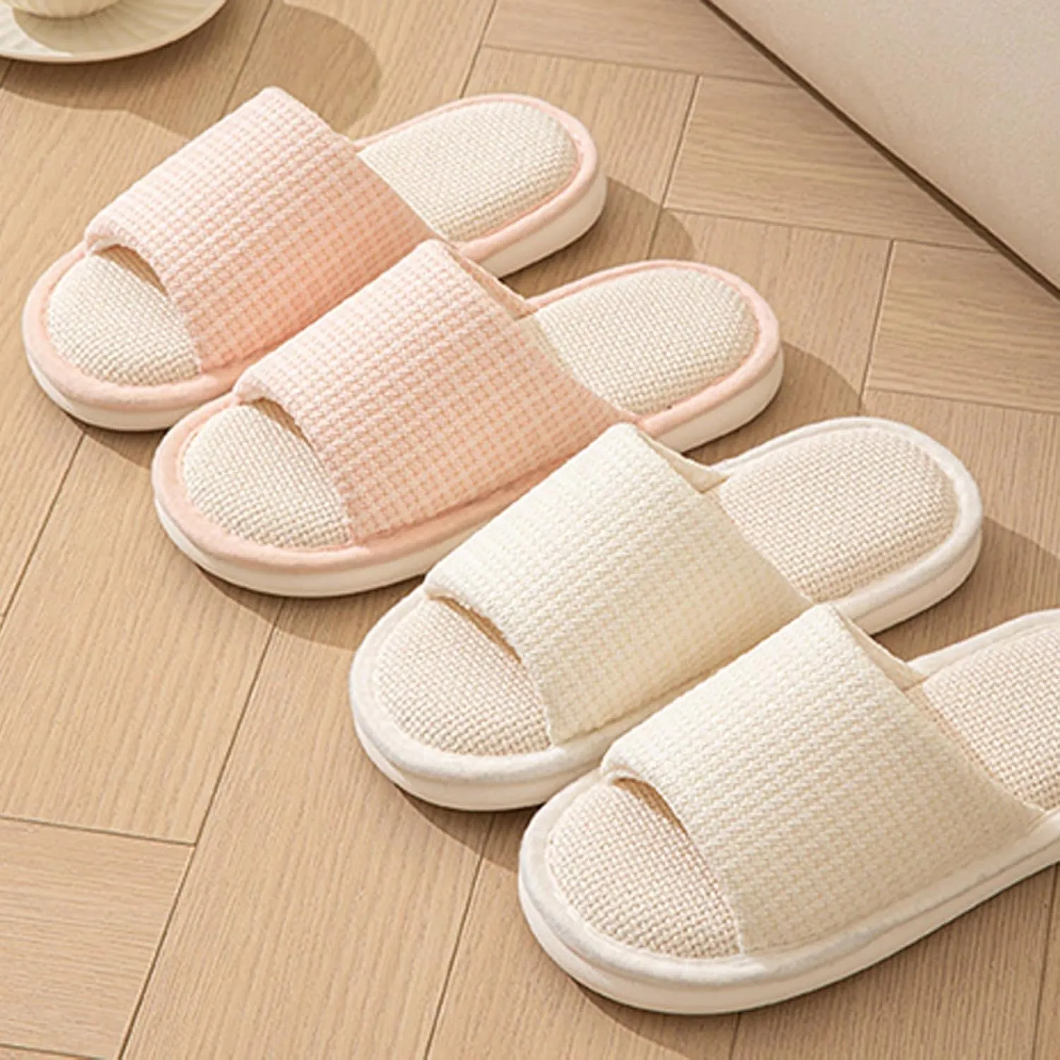 Women's Linen Slippers Cloth Slippers Soft Thick Soled Slippers Open Toe Slip On Bedroom Shoes With Memory Foam