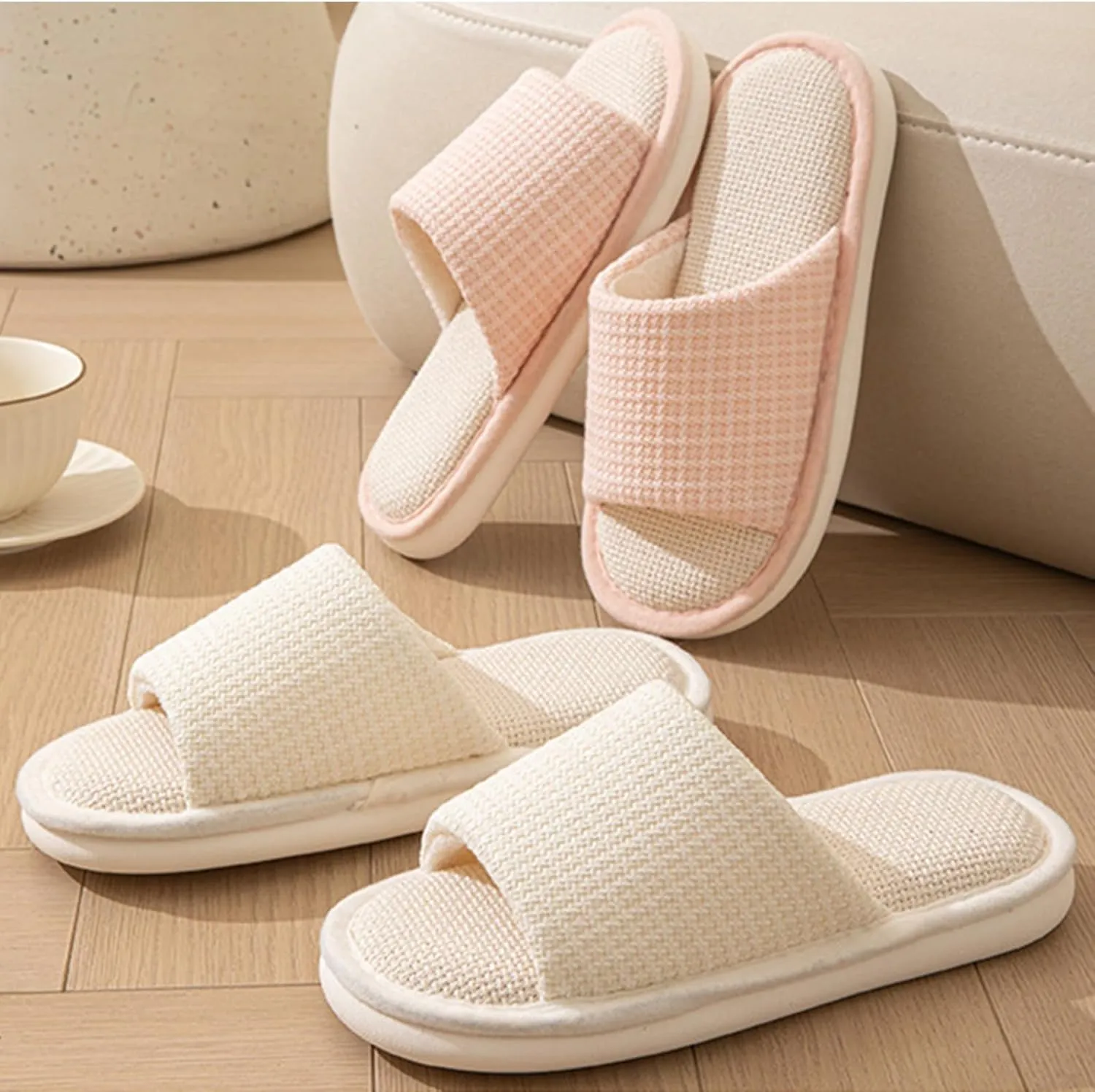 Women's Linen Slippers Cloth Slippers Soft Thick Soled Slippers Open Toe Slip On Bedroom Shoes With Memory Foam